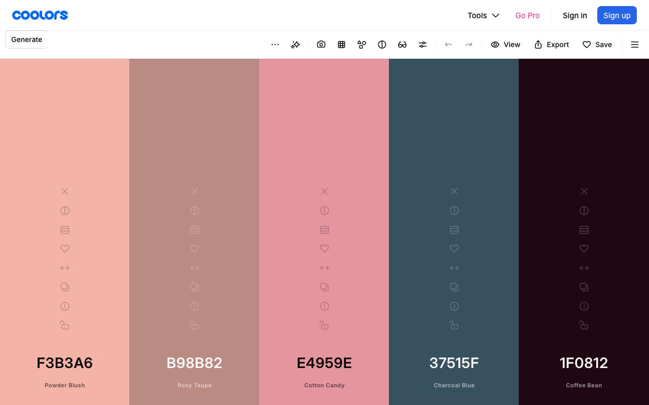 Screenshot of the Coolors website. A color palette is displayed across five columns, with various UI toggles in the row above them.