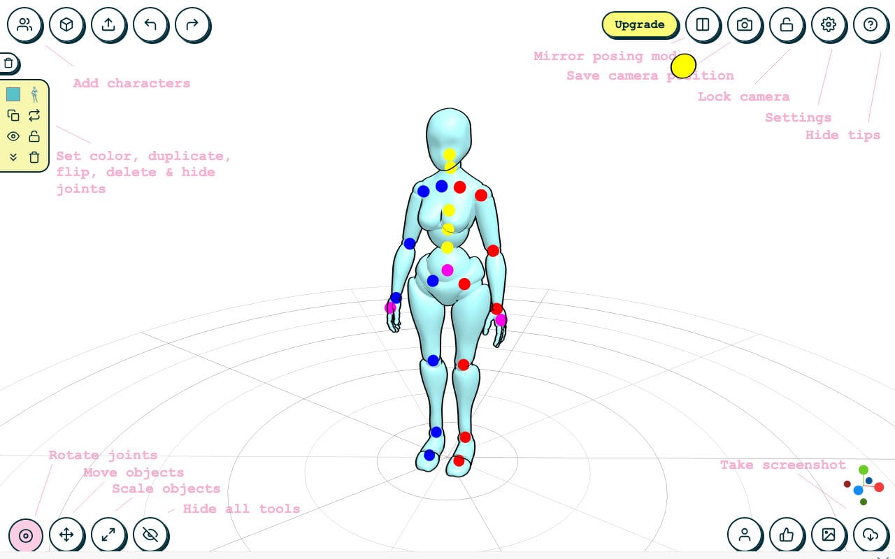 Screenshot of the JustSketchMe website. A 3D female pose doll stands at the center of the viewport, surrounded by labeled UI elements.