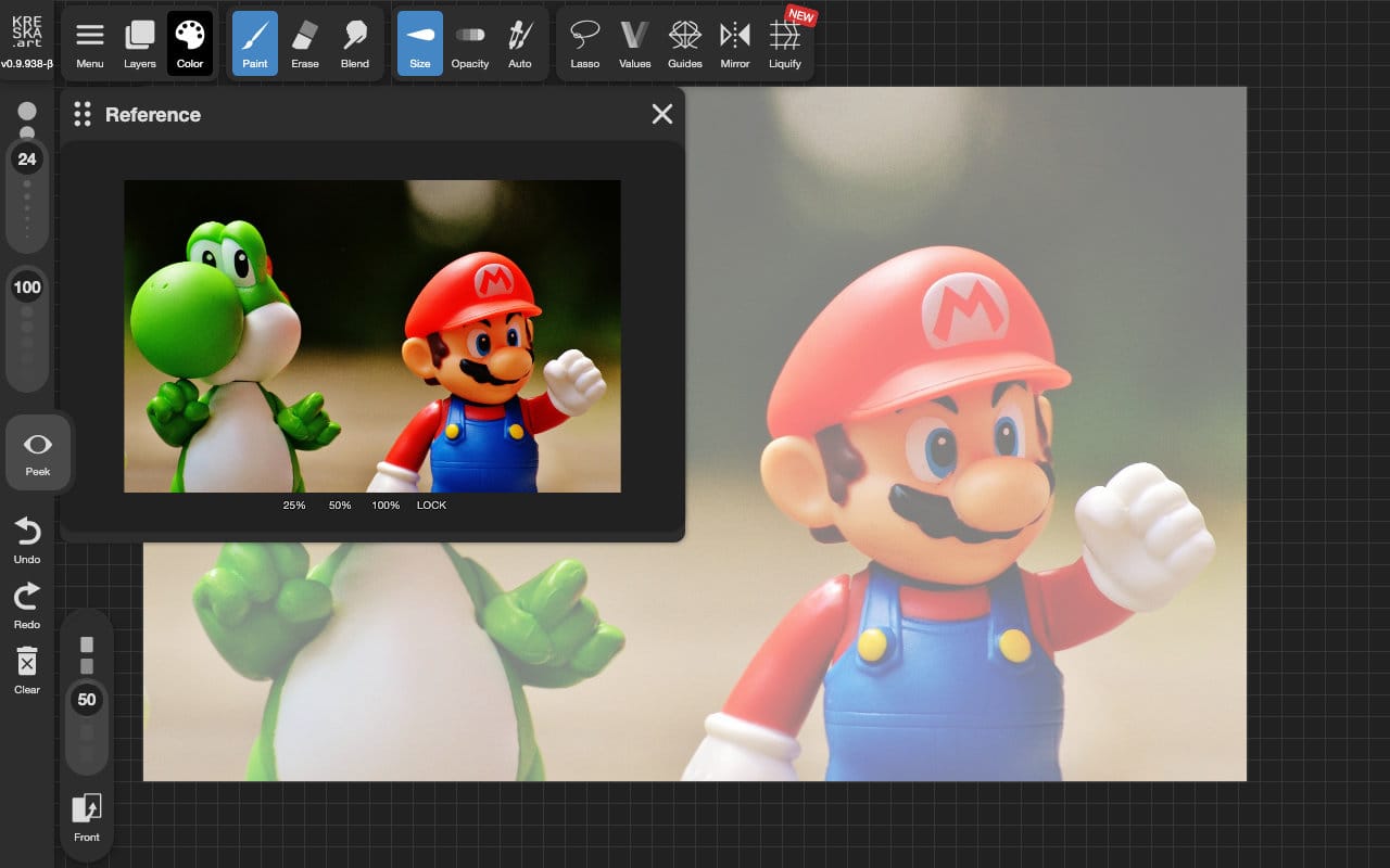 Screenshot of the KRESKA.art web app. The UI features a row of drawing and editing tools across the top, adjustments down the left side, and an open reference image of Mario and Yoshi.
