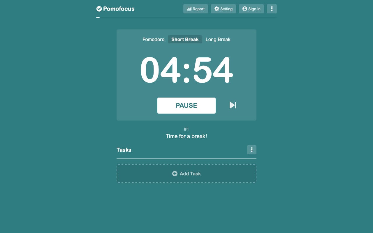 Screenshot of the Pomofocus website. The UI is minimal, with a large countdown timer at the center of the screen and buttons for pausing, skipping, and editing tasks.