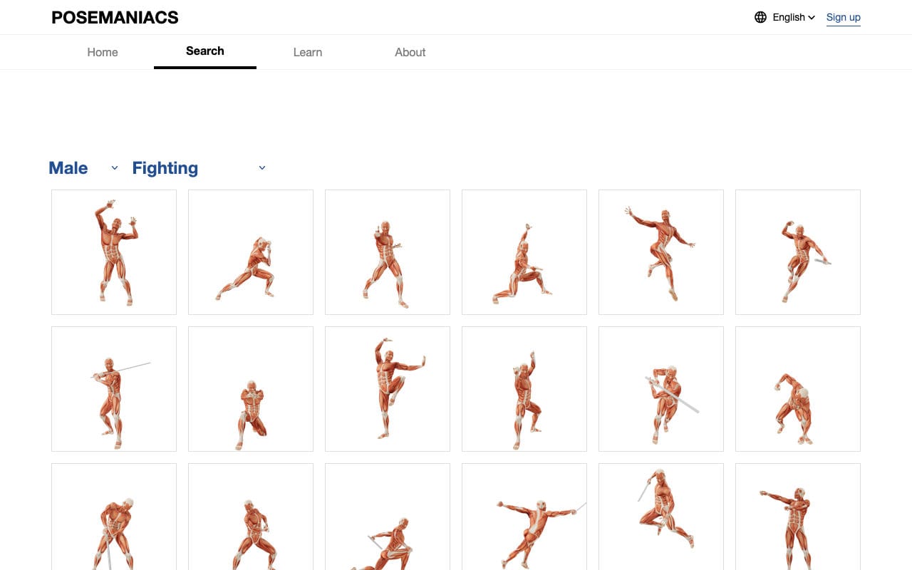 Screenshot of the POSEMANIACS website, showing a grid of 3D pose models. The filters "Male" and "Fighting" have been selected.